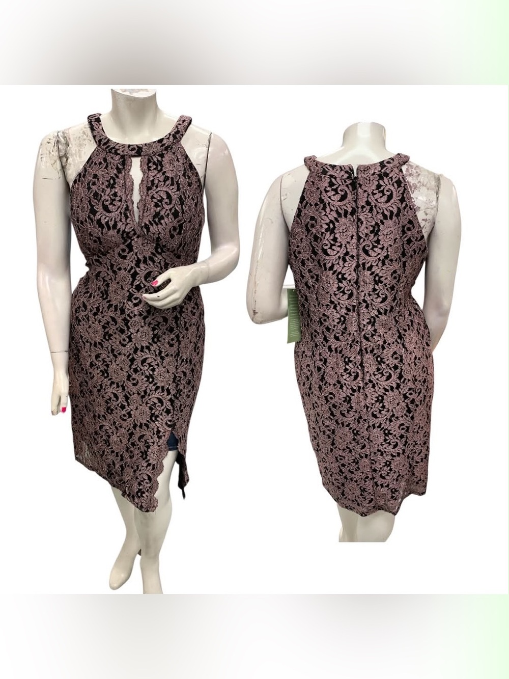 R&M Richards Mauve Lace Midi Dress with Black Underlay Size Xl